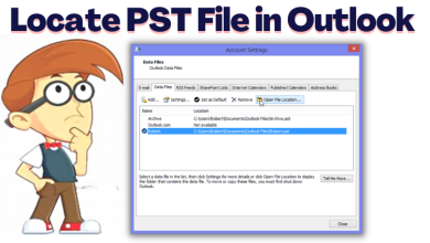 locate pst file in outlook